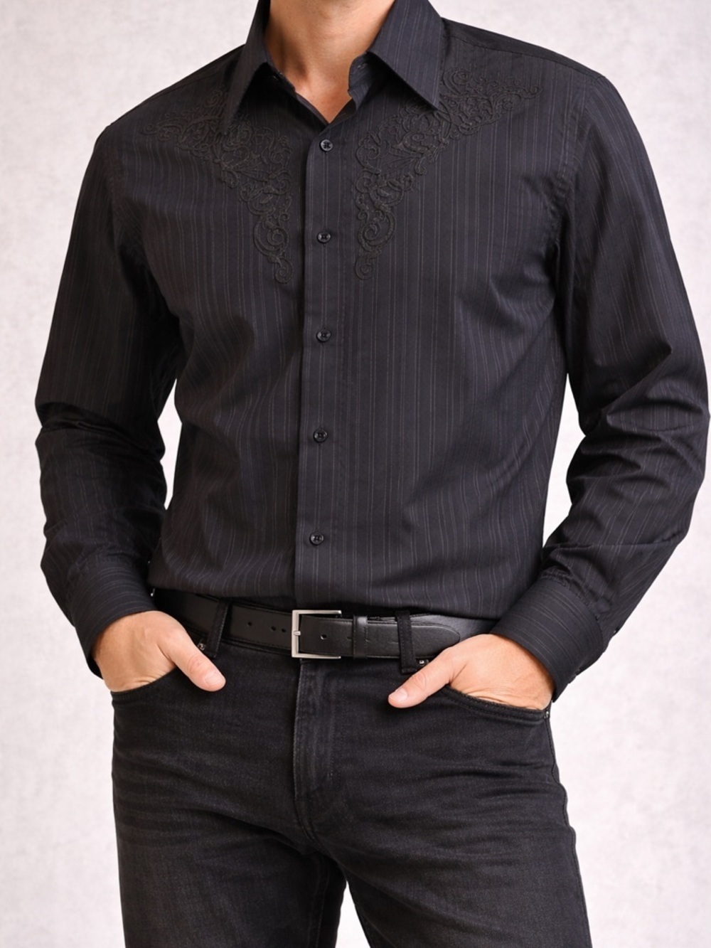 7 Diamonds Black Pinstripe Shirt Embroidered Button Up Mens Large Slim Fit